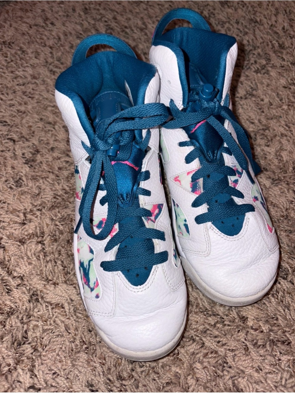 Jordan White Sneakers with Teal and Pink Accents